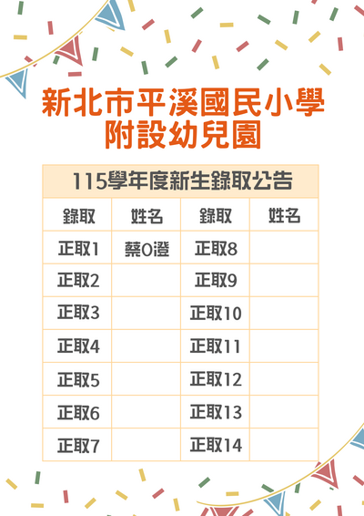 115學年度平溪附幼新生錄取名單